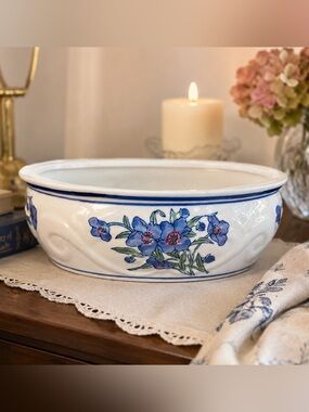 Vintage Blue and White Floral ceramic Oval Planter | Grandmillennial Cottage